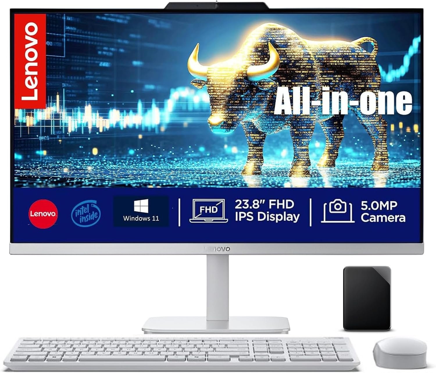 Lenovo All in One Desktop, Intel Ultra-Fast 4-Core CPU| 24” FHD Display| 16GB RAM, 256GB PCIe SSD On Board Plus 512GB HDD External | Wi-Fi 6| Bluetooth| RJ-45| Windows 11 | HDMI | Wireless KB & Mouse
