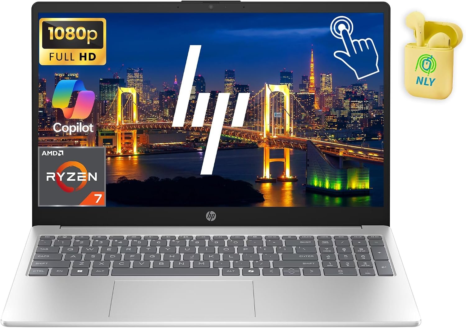 HP Touchscreen 15.6″ FHD Business Laptop Computer, 8-core AMD Ryzen 7 Processor, 16GB RAM 256GB SSD, Windows 11 Pro, AI Copilot Ready, NLY Earphones, Silver