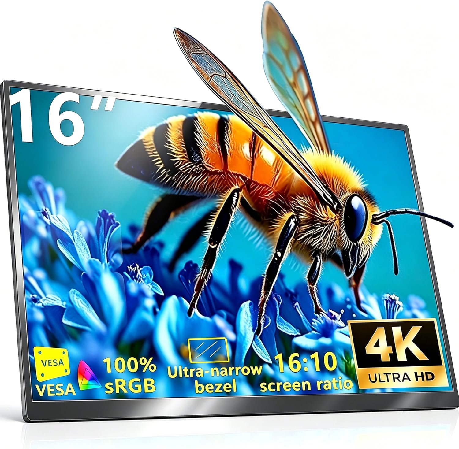 16” 4K Portable Monitor UHD 3840×2400 16:10 400 Nits Gaming Display,IPS HDR External Second Screen,Vertical Monitor for Laptop/Mac/PC/PS5/Xbox with Speakers Stand,VESA Compatible