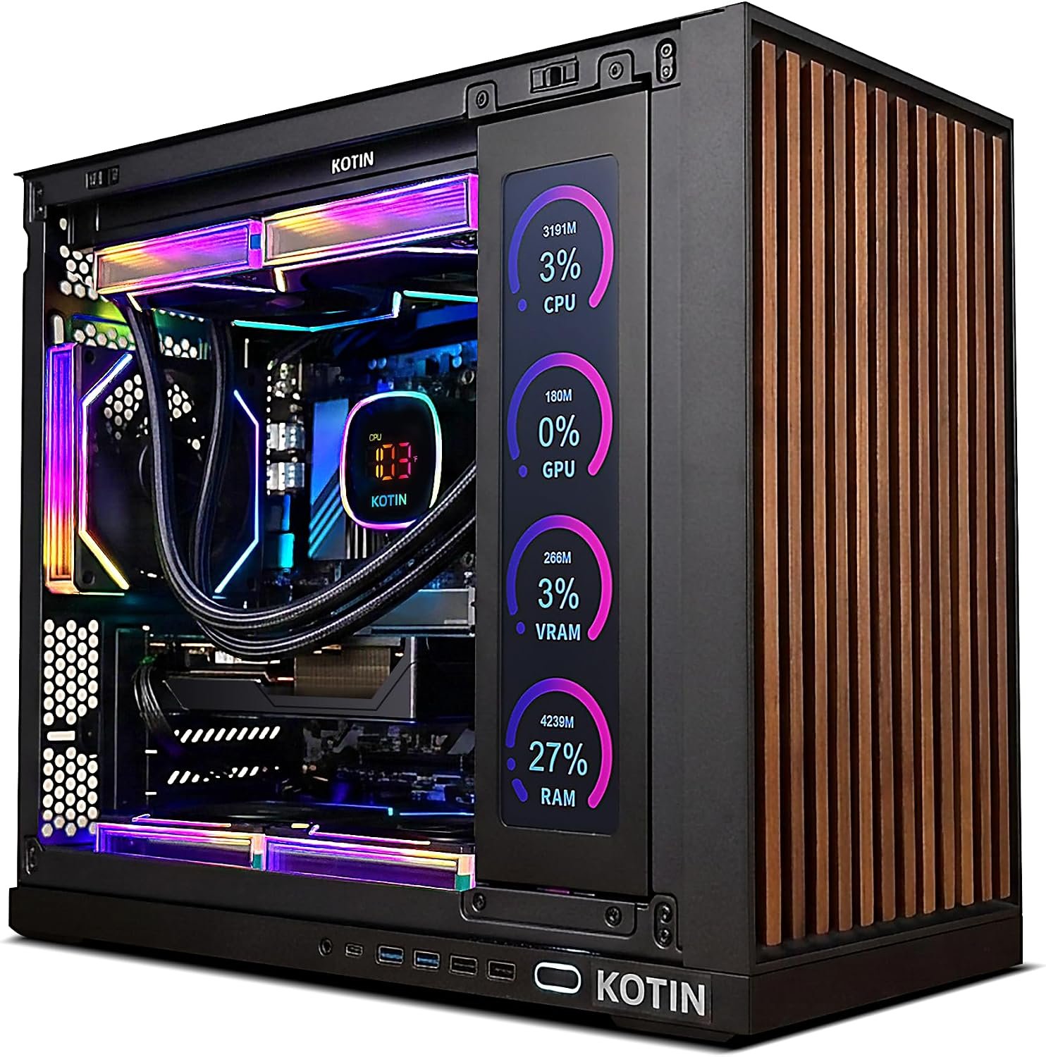 KOTIN Prebuilt Gaming PC Desktop Computer, Ryzen 7 9700X, GeForce RTX 5060 8GB, 32GB DDR5 6000MHz, 1TB PCIe 4.0 SSD, 11.3″ Display, 360mm Liquid Cooler, WiFi 7, Windows 11 Home, ARGB Gaming Tower G60B