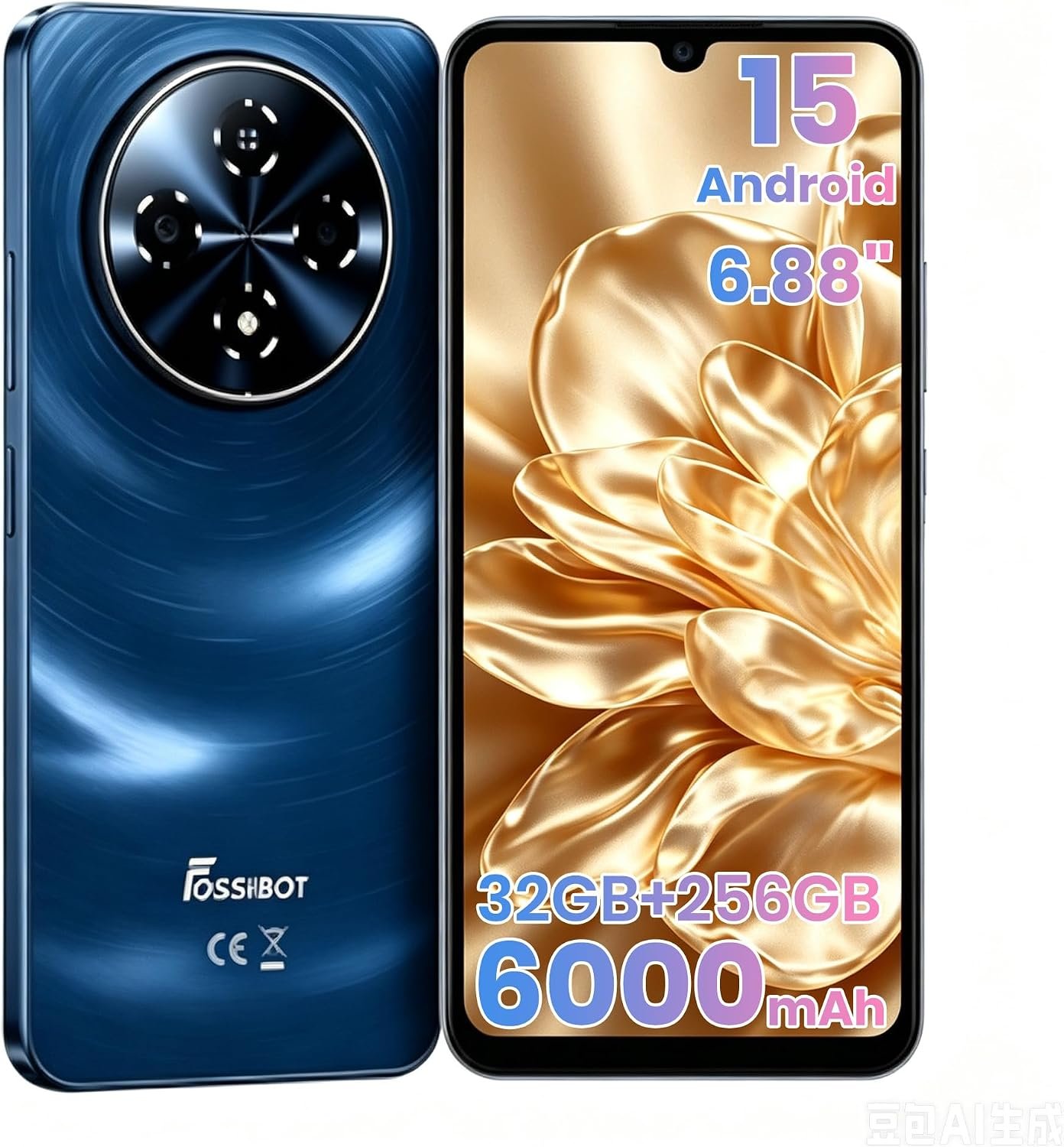 FOSSIBOT S5 Pro Android 15 Cellphone, 32GB+256GB/2TB Smartphone, 6.88″ HD 6000mAh Battery Phone,50MP+8MP Phones,Gemini Al Cell Phone 2026 Black