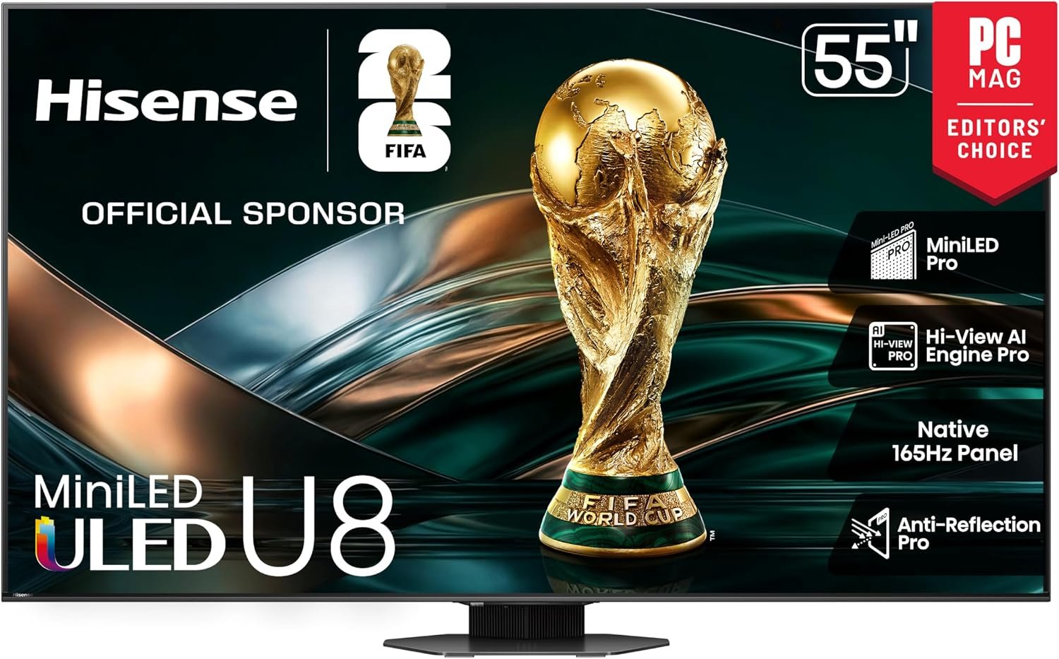 Hisense 55″ U8 Series ULED Mini-LED 4K UHD Smart Google TV (55U8QG) – QLED, Native 165Hz, VRR 288, Up to LD5600, 5000 Nits, HDR10+, Dolby Vision IQ · Atmos, IMAX Enhanced, 4.1.2 Ch Audio