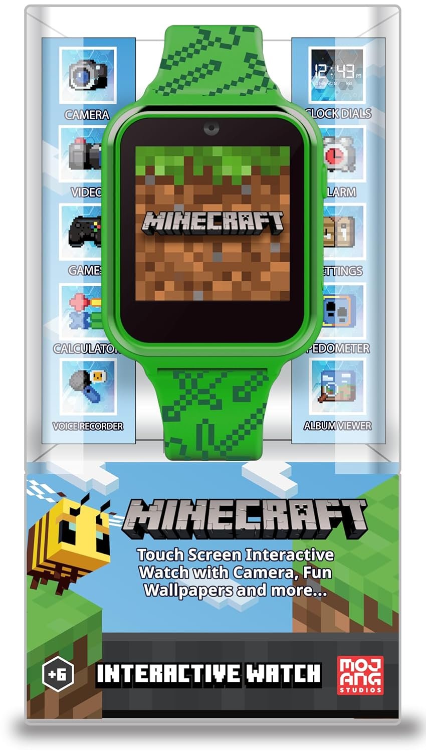 Minecraft Kids Smart Watch – Touchscreen Interactive Watch with 10 Customizable Clock Faces, Built-in Camera, Video Recorder, Alarm, Calculator, Games & Pedometer – Fits Wrists 5.5″ to 8″