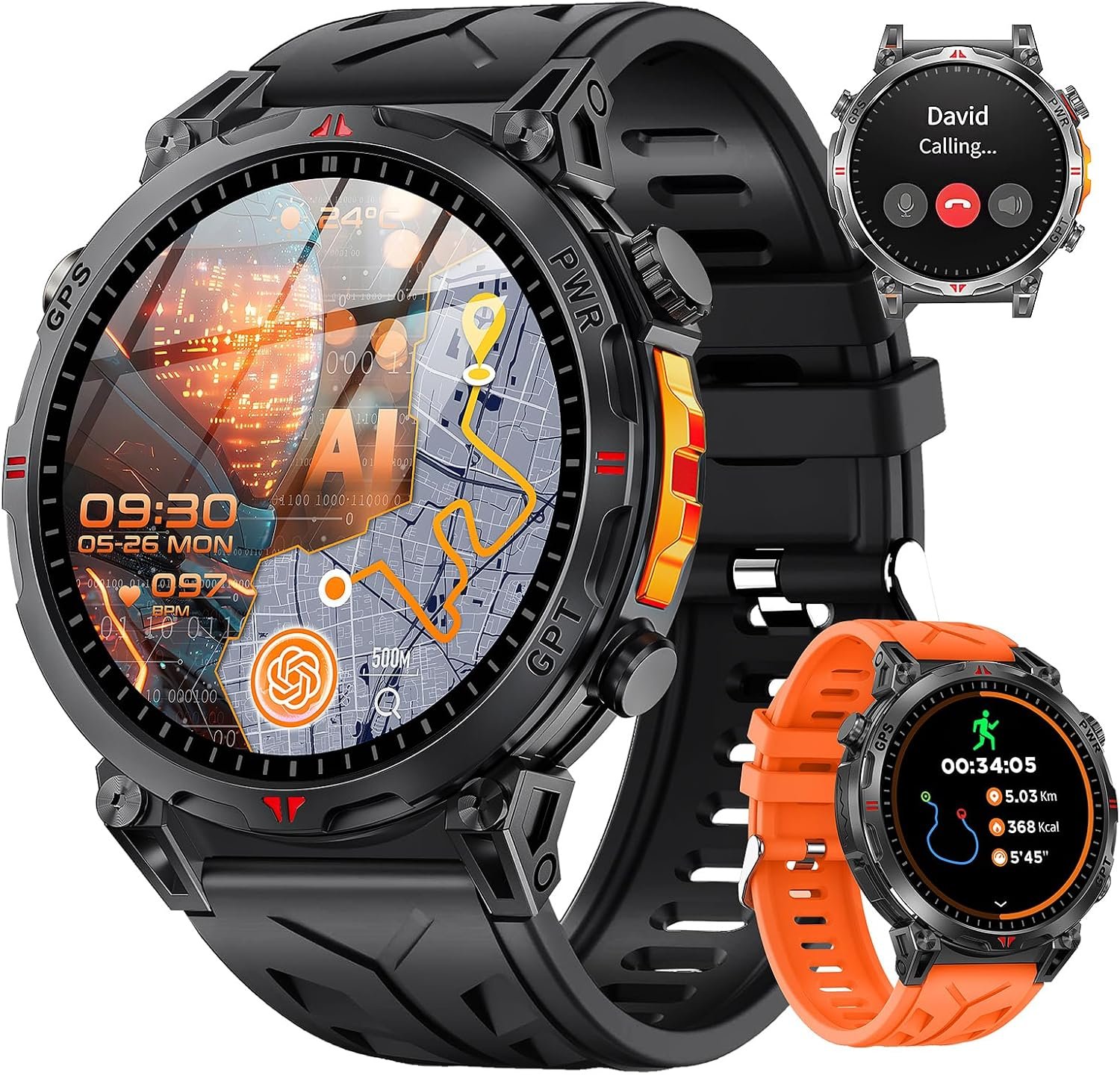 GPS Military Smart Watches for Men, AMOLED Screen Bluetooth Call, Smartwatch for Android Phones and iPhone, 100+ Sport Modes, 3ATM Waterproof Smart Watch