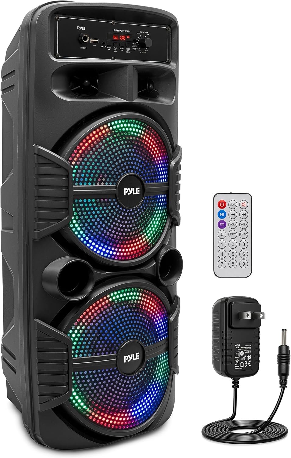 Pyle Portable Bluetooth PA Speaker System – 600W Rechargeable Outdoor Bluetooth Speaker Portable PA System w/ Dual 8” Subwoofer 1” Tweeter, Microphone In, Party Lights, USB, Radio, Remote – PPHP2835B