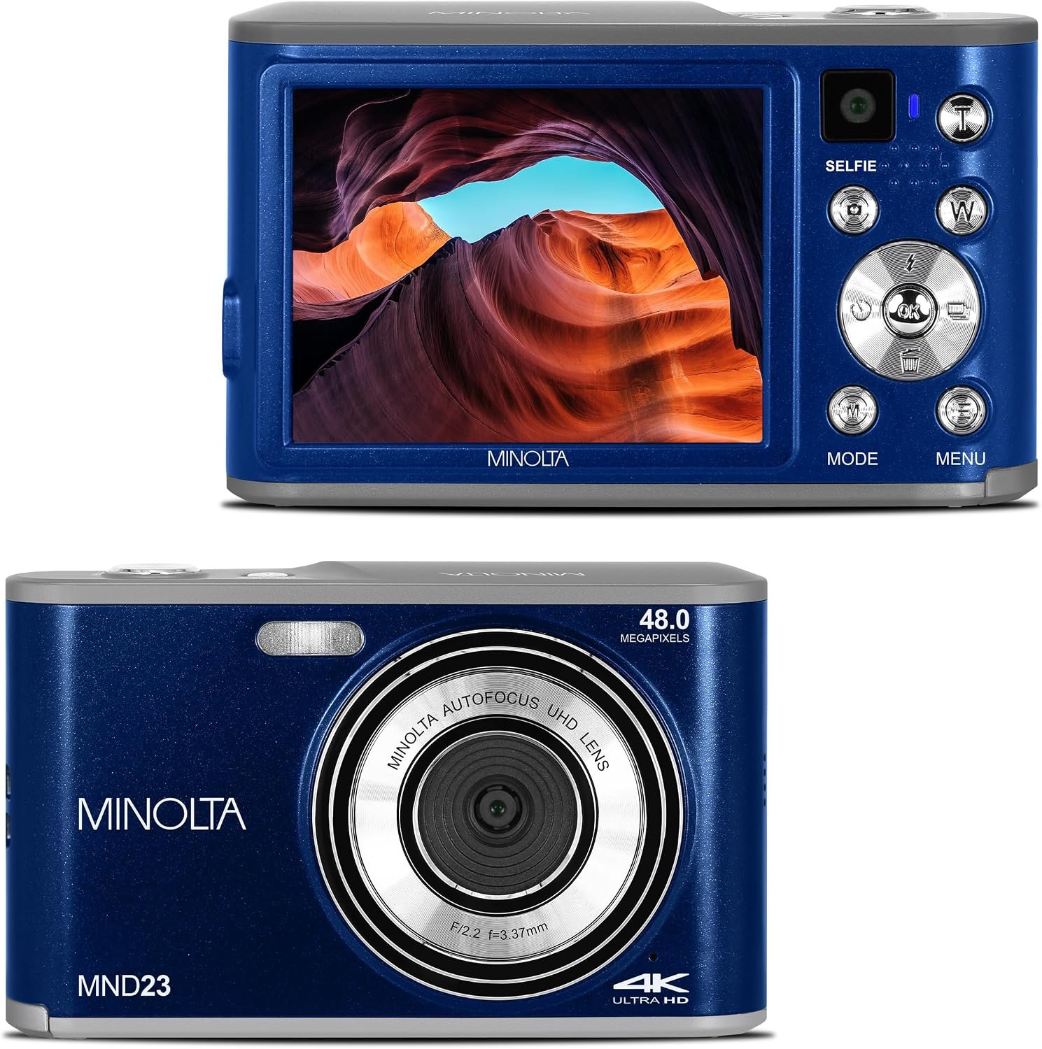 Minolta 48MP Digital Camera with Rear Selfie Lens – 4K Ultra HD Video, 2.8″ LCD Screen, 16X Digital Zoom, Autofocus, Slow Motion, Time Lapse, Filters, Scene Modes, 32GB Card Included (Blue)