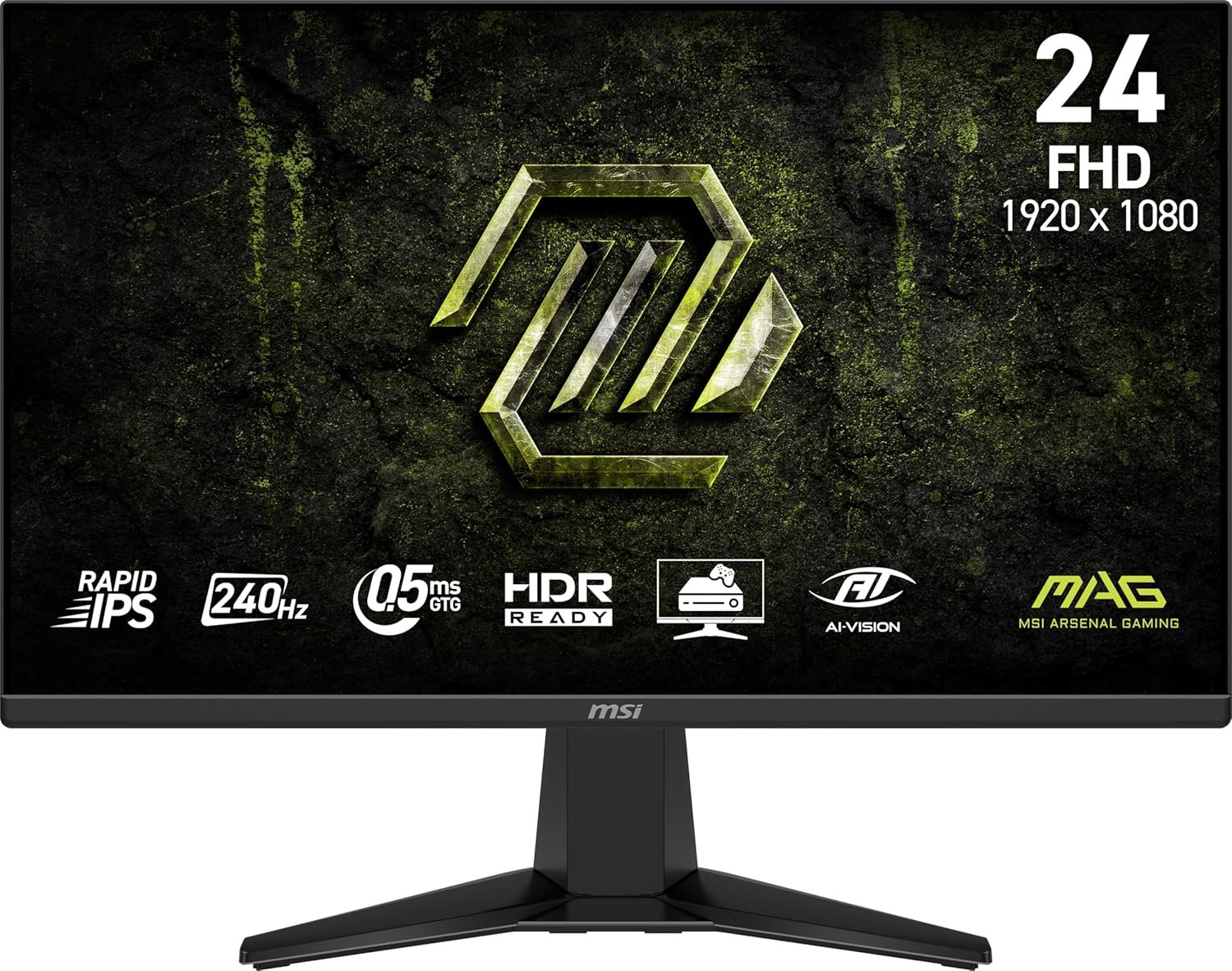 msi MAG 245F X24 24-inch 1920 x 1080 (FHD) Gaming Monitor, 240Hz, AMD FreeSync Premium, HDR Ready, HDMI, VGA Port, VESA, Tilt, 0.5ms, Black