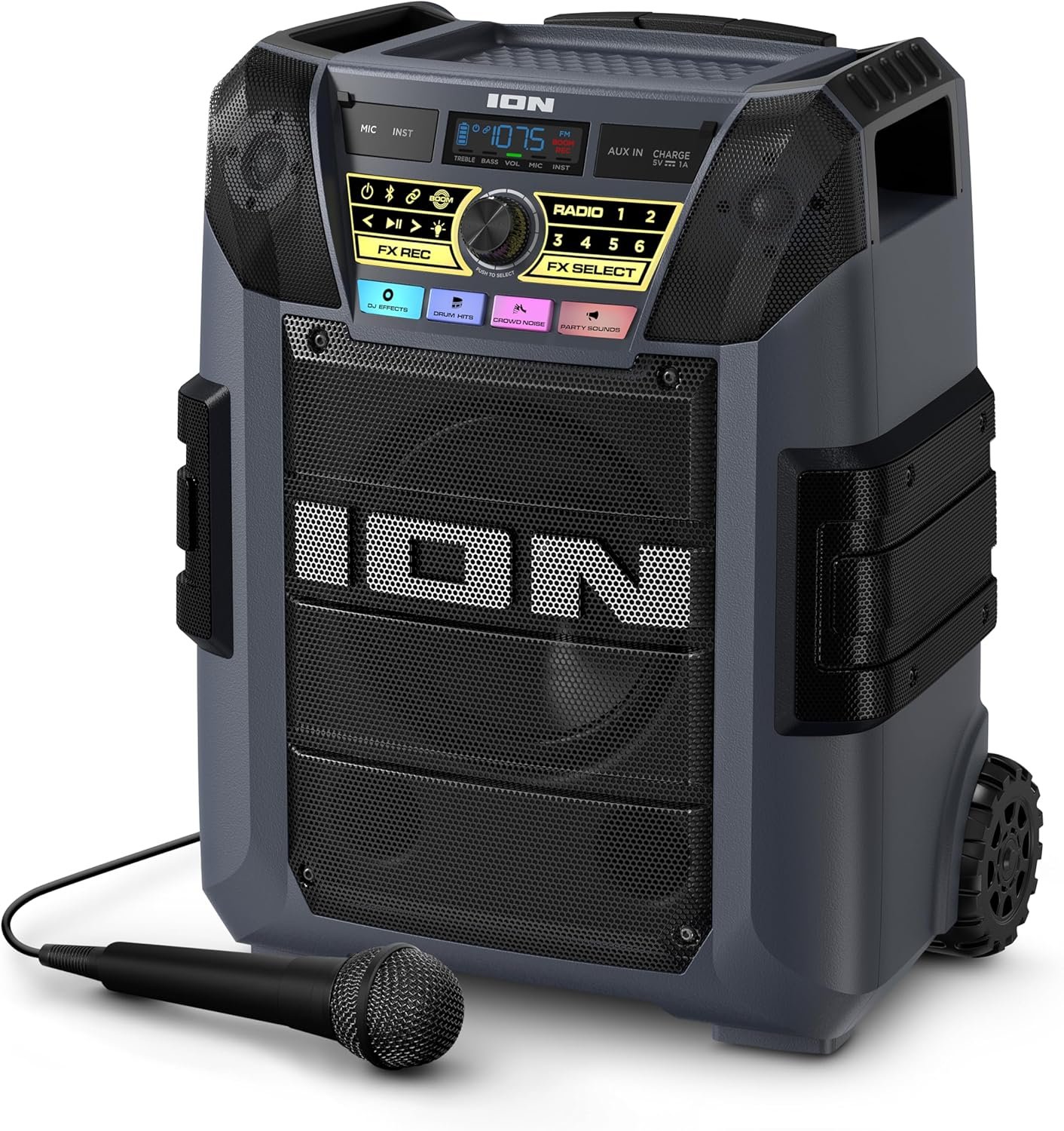 ION Block Rocker XL – Portable Bluetooth Outdoor Party Speaker, 220W, with Karaoke Microphone, Battery, 5 Speakers, Lights, Radio, USB Charging and App