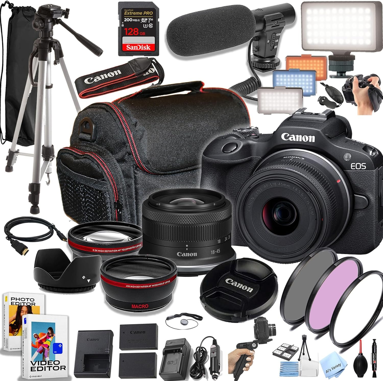 Canon EOS R100 24.2MP APS-C CMOS Sensor Mirrorless Camera with 18-45mm Lens, 128GB Extreme Speed Memory, Video Light, Microphone, Grip, Filters, Lenses, Case, Software, More (Premium Bundle) (Renewed)