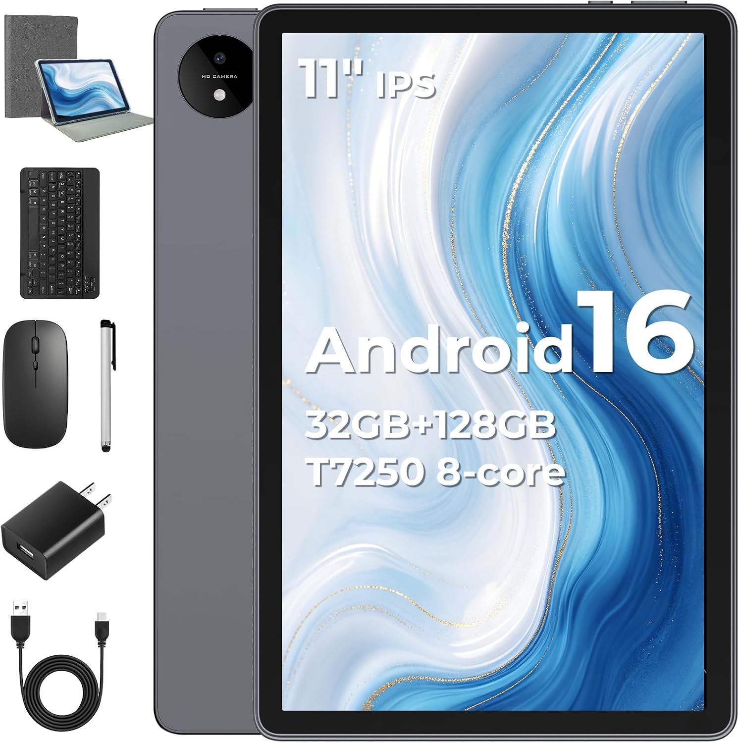 11 Inch Android Tablet with Keyboard and Pen Ideal for Work, Study | Android 16, 32(8+24)GBRAM, 128GBROM, Core T7250, 8000mAh, 1920px IPS, 8+16MP Camera, Widevine L1, BT 5.0/ WiFi,GPS, Gemini AI