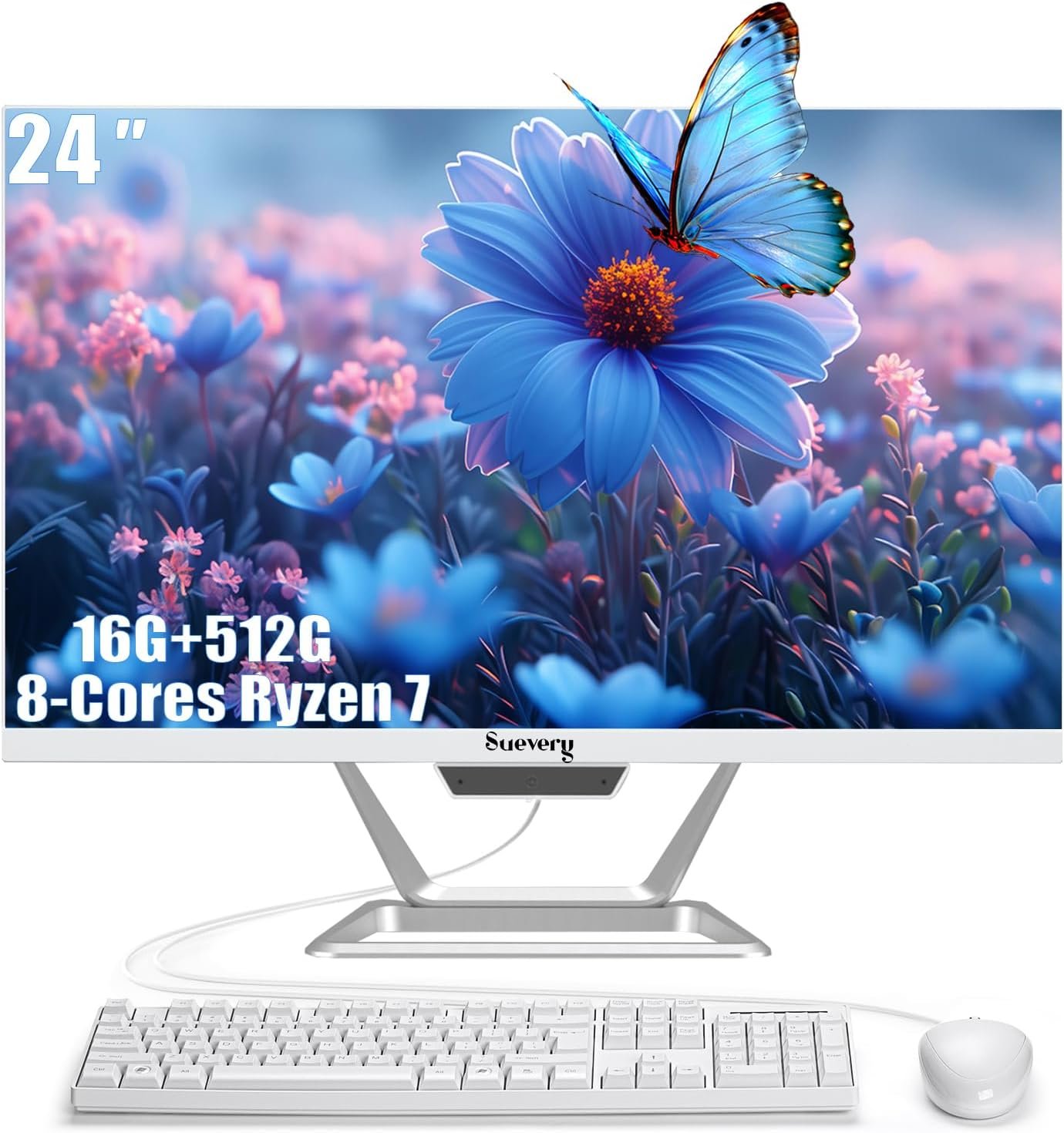 suevery AIO Desktop Computer, 24 Inches, AMD Ryzen7 5700G, 16G-512G | DDR4 RAM, NVMe SSD, 1080P FHD Display, Gaming PC, Home Office