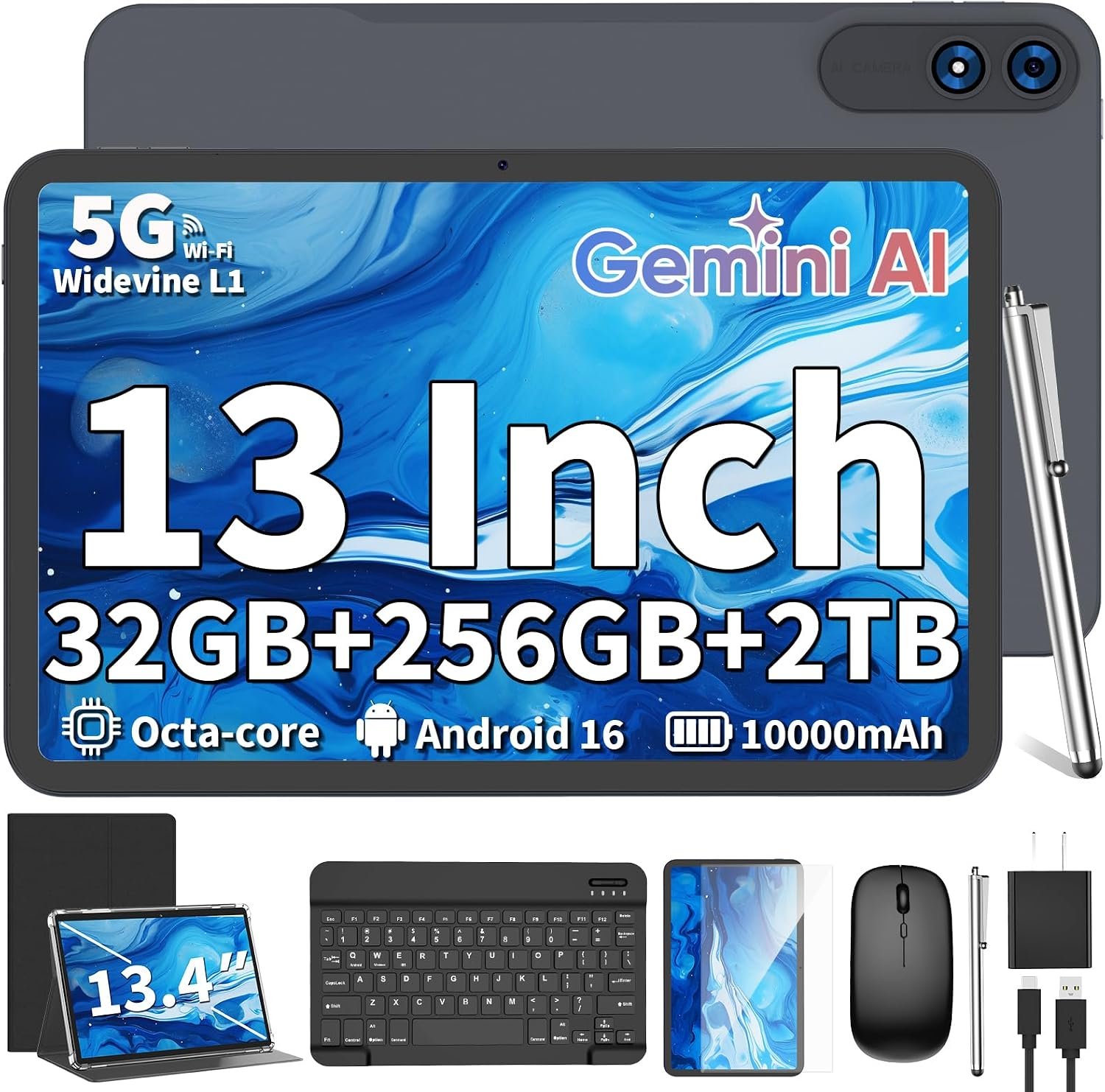 13 Inch Tablet with Keyboard, Android 16 Tablet with Gemini AI(Black Case)