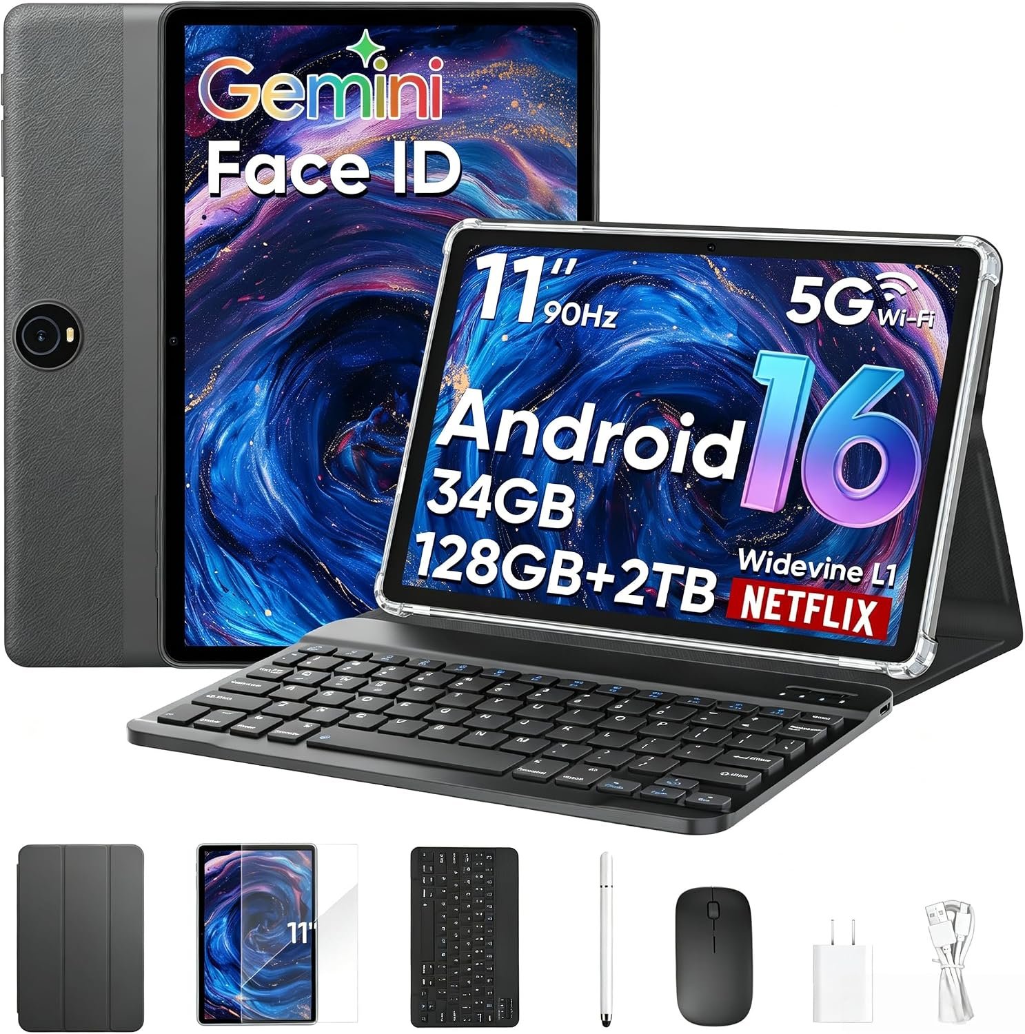 HNVHNV Android 16 Tablet 11 inch Tablets with Keyboard, 34GB+128GB+2TB Expand, 2.2 GHz Octa-Core, 90Hz IPS Display, Gemini AI, 8000mAh, WiFi 6, GPS, 2-in-1 Tablet with Case, Mouse, Stylus (Black)