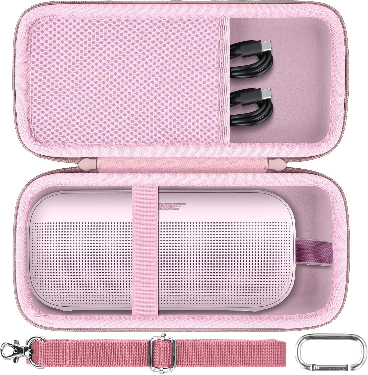 co2CREA Hard Travel Case for Bose SoundLink Flex 2/1 Speaker, Petal Pink | Carabiner Attachment, Comfortable Handle, Detachable Shoulder Strap, Accessory Organization, Secure Protective Storage