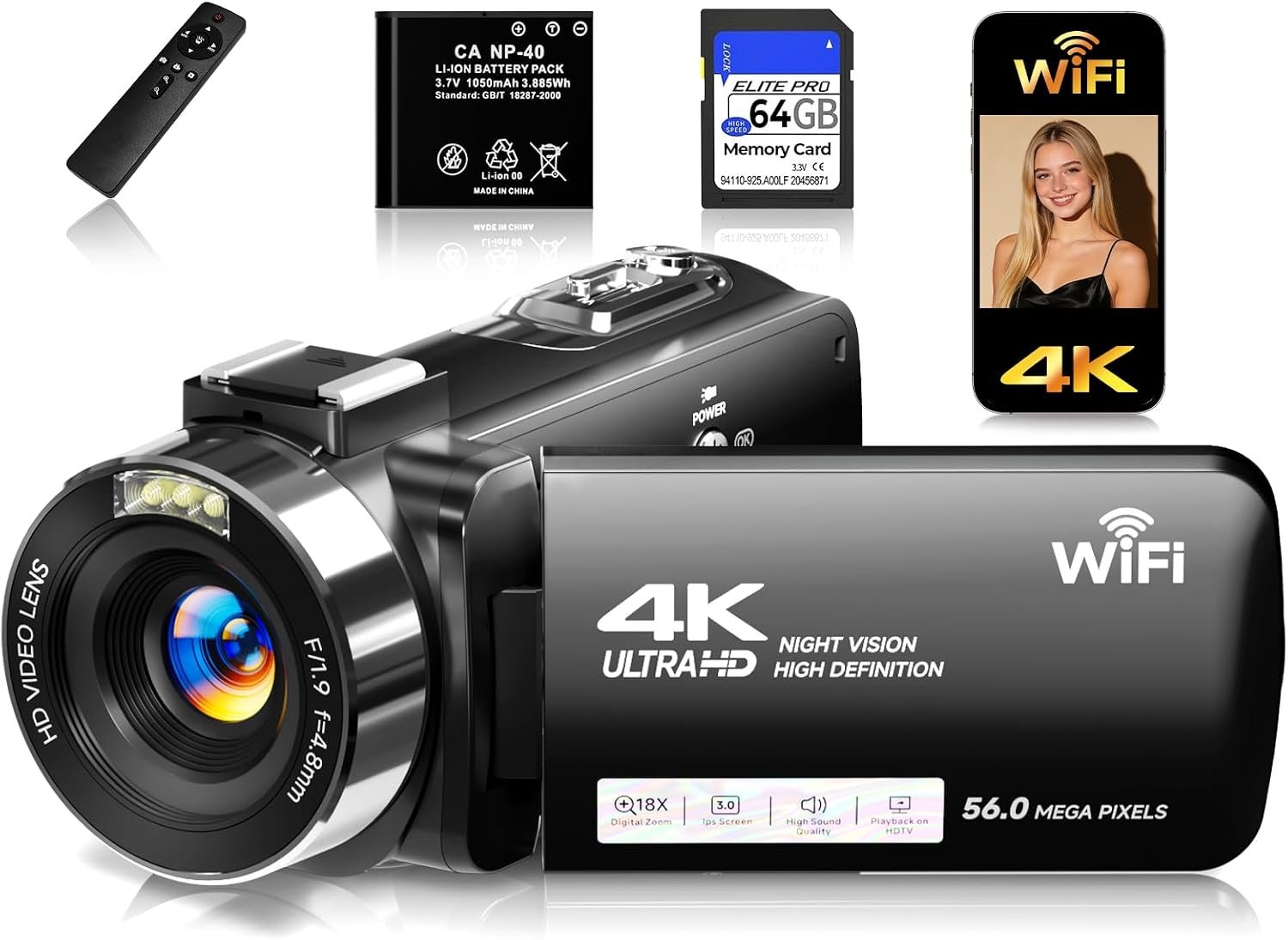 4K Video Camera Camcorder with 64GB SD Card, 56MP WiFi Vlogging Camera for YouTube, IR Night Vision, 3.0″ Touch Screen, 18X Zoom, Webcam & Remote, Black